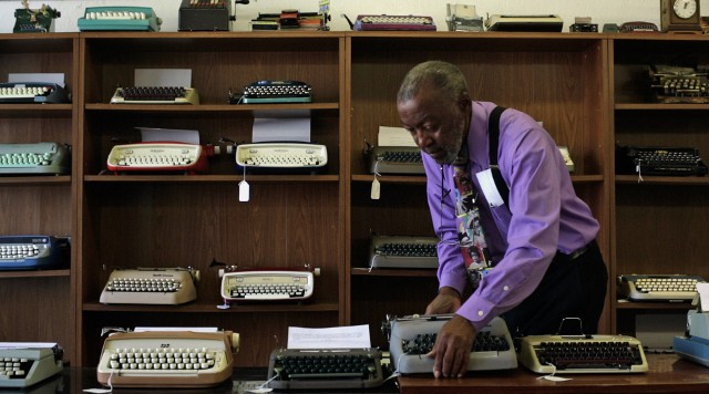Herb Permillion, owner of California Typewriter shop, in scene from documentary film 'California Typewriter'